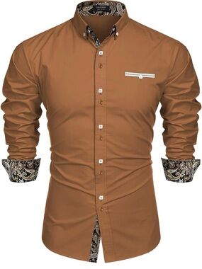 Men's Slim-Fit Brown Button-Down Shirt with Paisley Trim Party Wedding Shirt